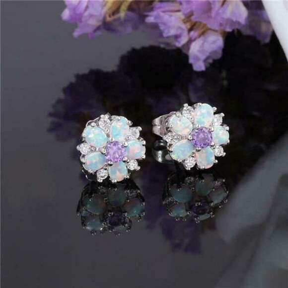 Opal Flower Stud Earrings Sterling Silver Cute Jewelry Gift for Women Girls - Picture 2 of 7